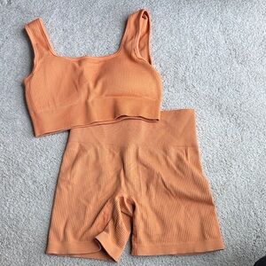 Seamless Ribbed Crop Tank & High-Waist Shorts Set - Orange